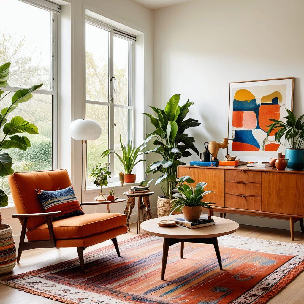 A modern living room showcasing stunning furniture trends, featuring a mix of sleek mid-century pieces, vibrant textiles, and innovative designs. Incorporate natural light streaming through large windows, highlighting a cozy reading nook with a stylish armchair and decorative plants. Artistic arrangement of trendy accessories and a statement coffee table to enhance the makeover vibe. ultra-realistic. vibrant colors. white background.