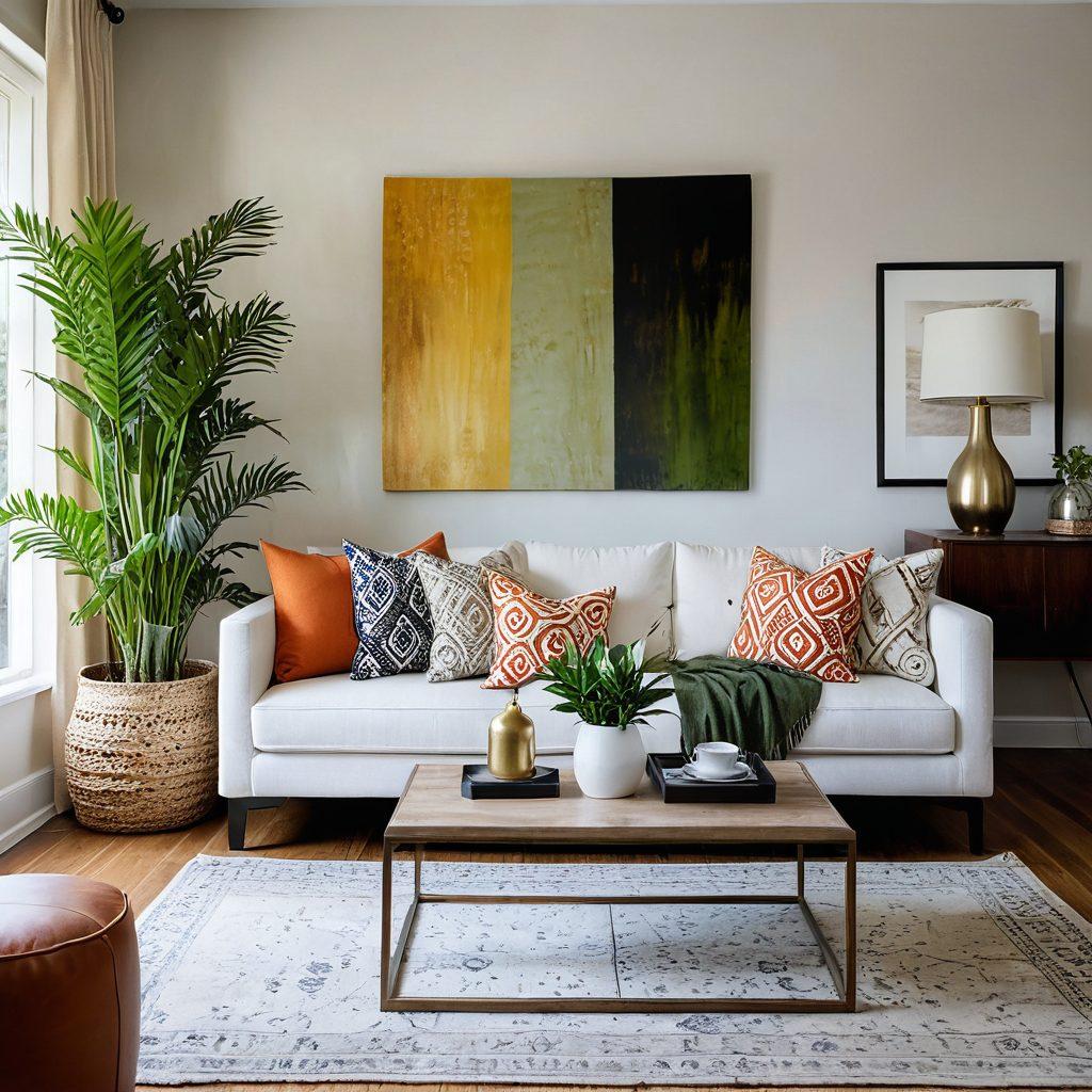 A stylish, modern living room showcasing a blend of trending decor styles, featuring a chic sofa, vibrant throw pillows, a sleek coffee table, and stylish wall art. Incorporate warm lighting, potted plants, and a cozy texture to create an inviting ambiance. Include elements of minimalism and bohemian touches for visual interest. super-realistic. vibrant colors. natural light.