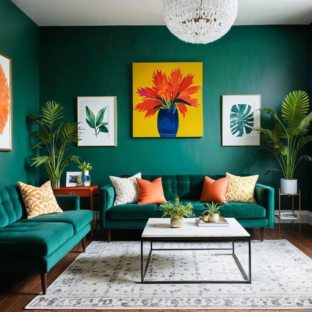 A beautifully transformed living room showcasing a modern DIY makeover, featuring vibrant color palettes, stylish furniture, and innovative decor ideas. Include tools like paintbrushes and a color wheel on a nearby table, with plants adding a touch of nature. The scene should be well-lit, exuding a lively and inviting atmosphere. super-realistic. vibrant colors. 3D.